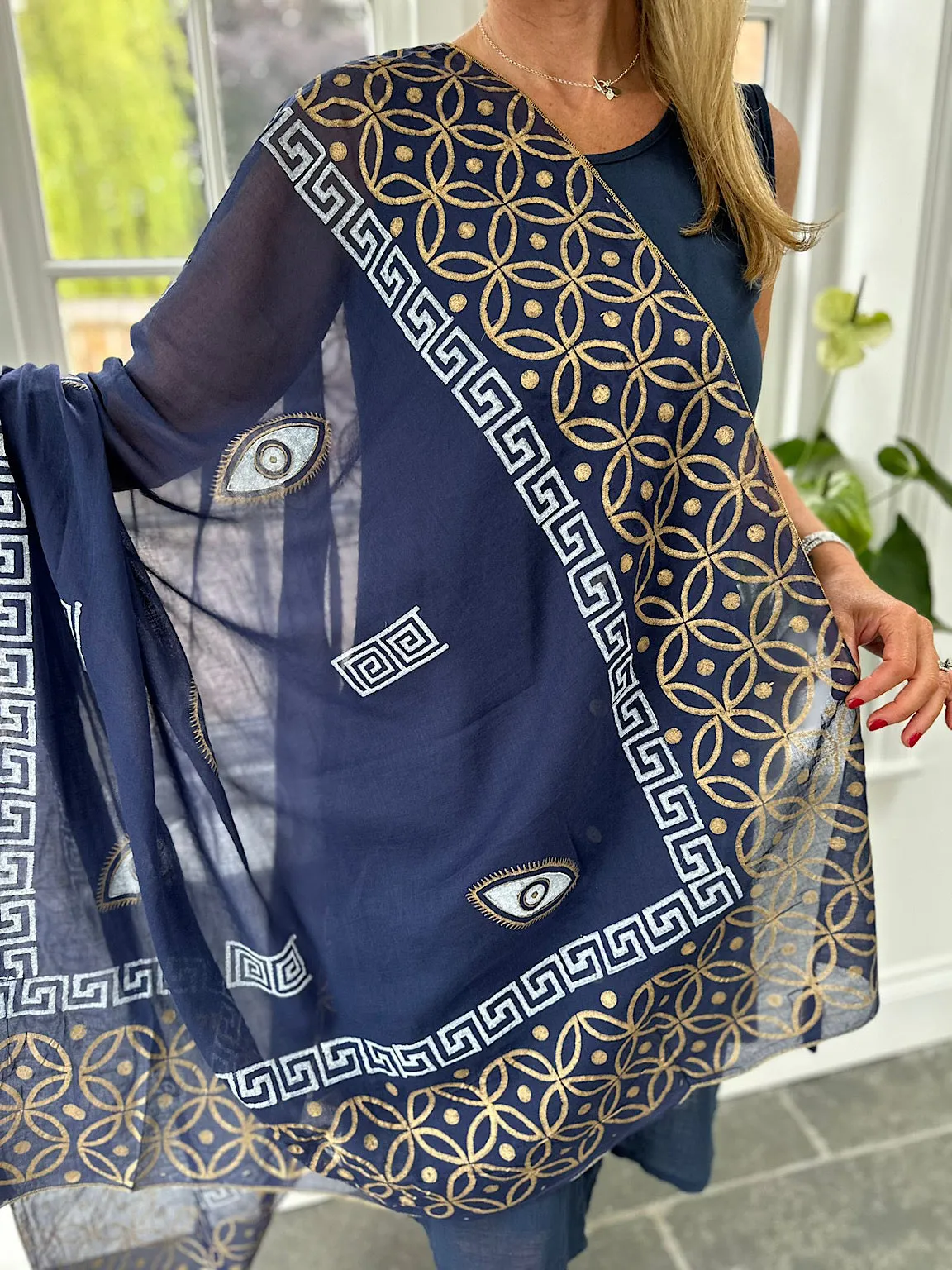 Navy Greek Key Metallic Geometric Pattern Scarf