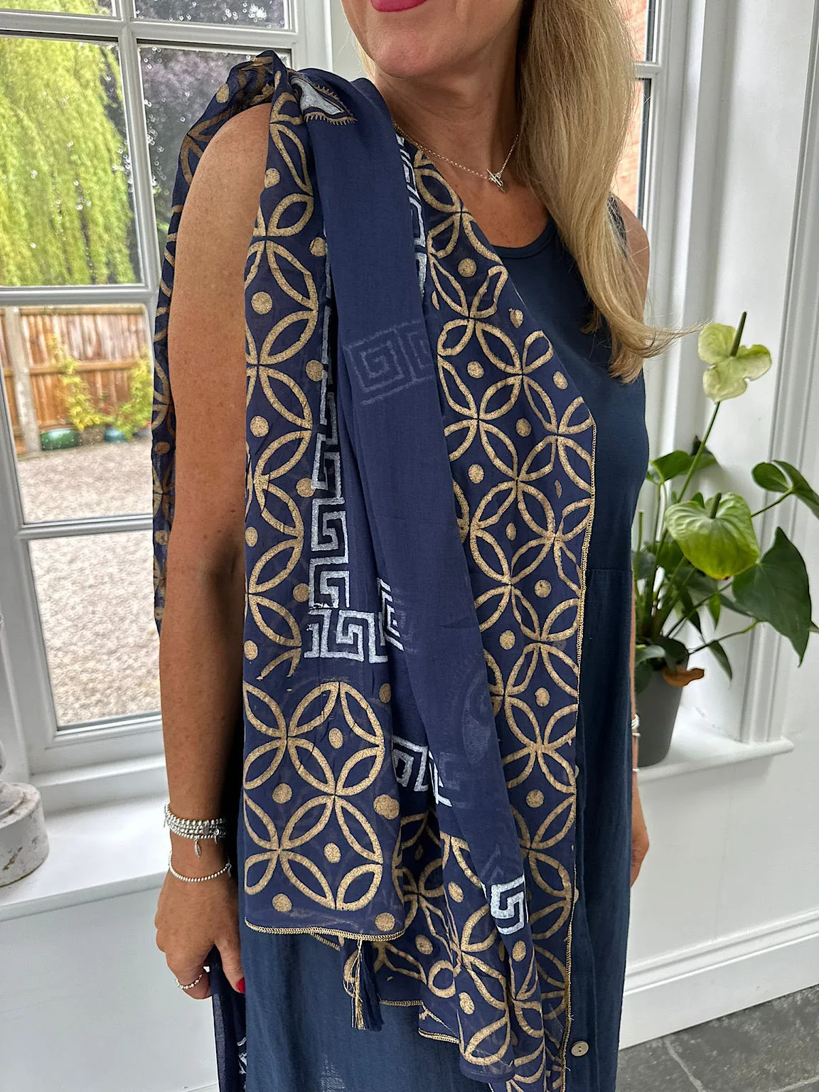 Navy Greek Key Metallic Geometric Pattern Scarf