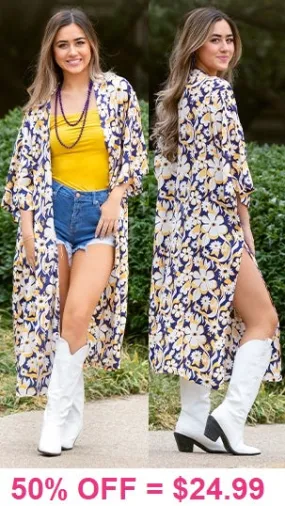 Navy Kimono with Yellow and White floral print