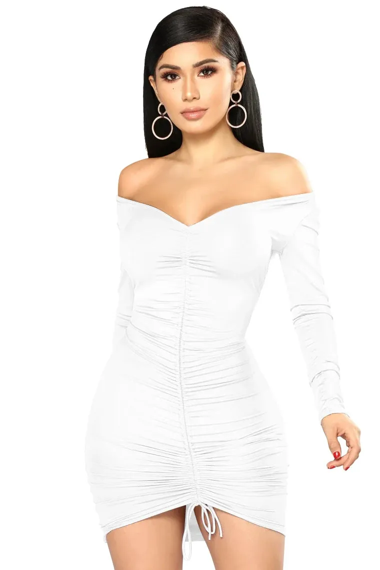 Off Shoulder Sexy Ruched Lace Up Puff Sleeve Bodycon Dress