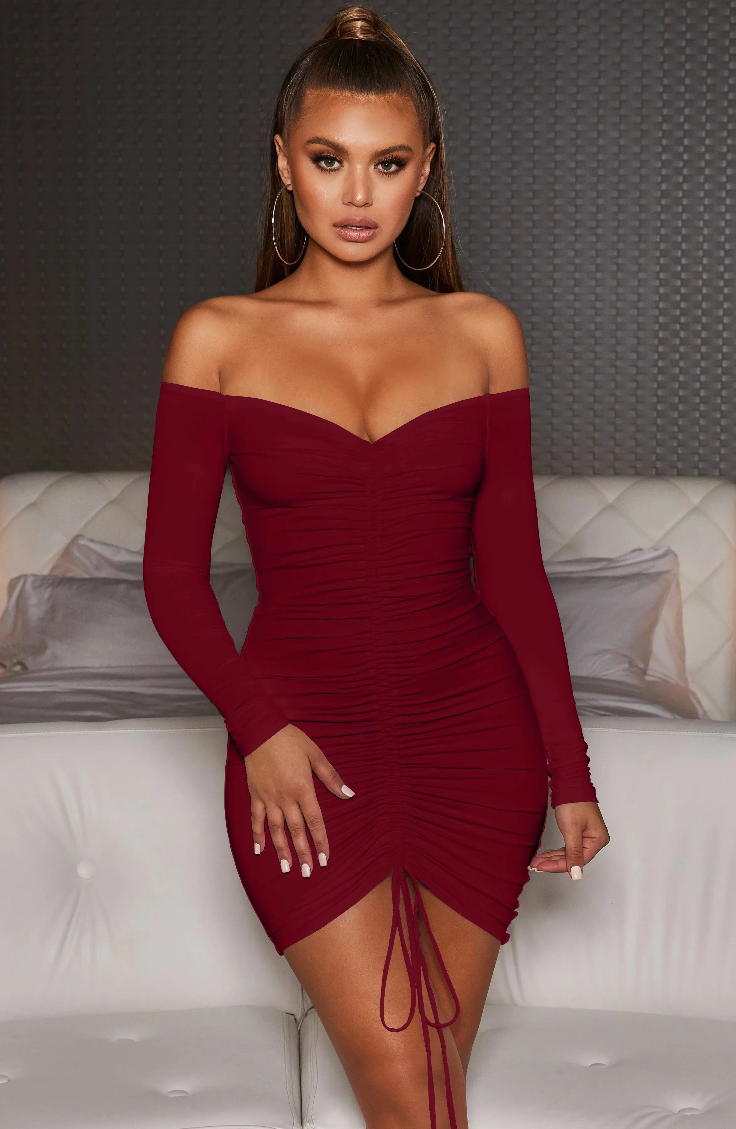 Off Shoulder Sexy Ruched Lace Up Puff Sleeve Bodycon Dress