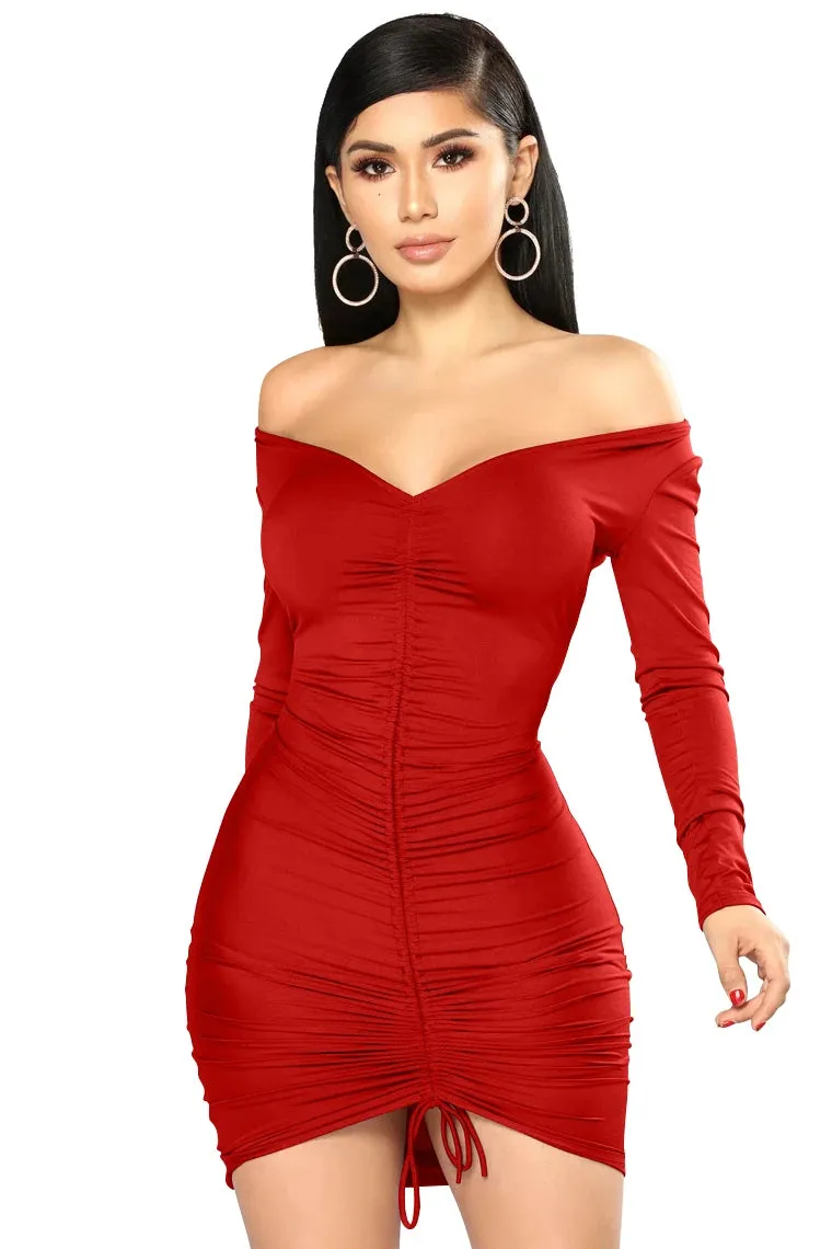 Off Shoulder Sexy Ruched Lace Up Puff Sleeve Bodycon Dress