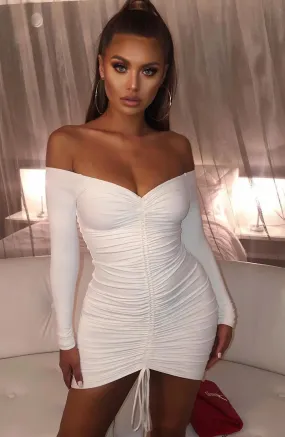 Off Shoulder Sexy Ruched Lace Up Puff Sleeve Bodycon Dress