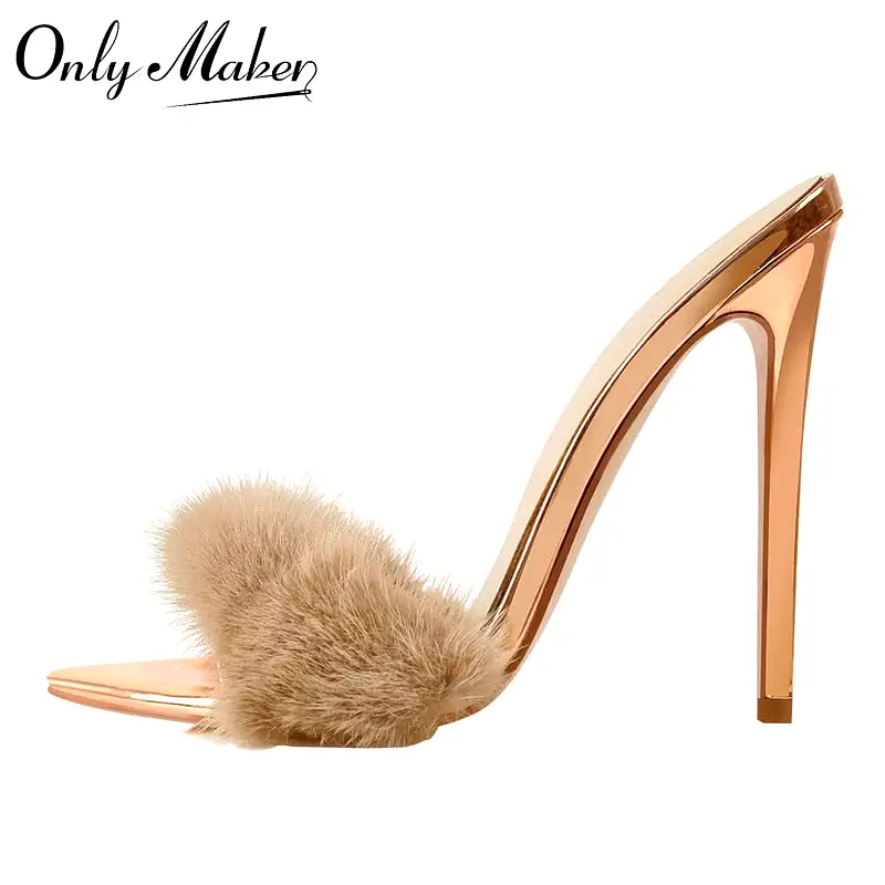 Peep Toe Mules Artificial Fur Slip On Gold White Thin High Sandals Big Size High Quality Summer Women Brand Sandals