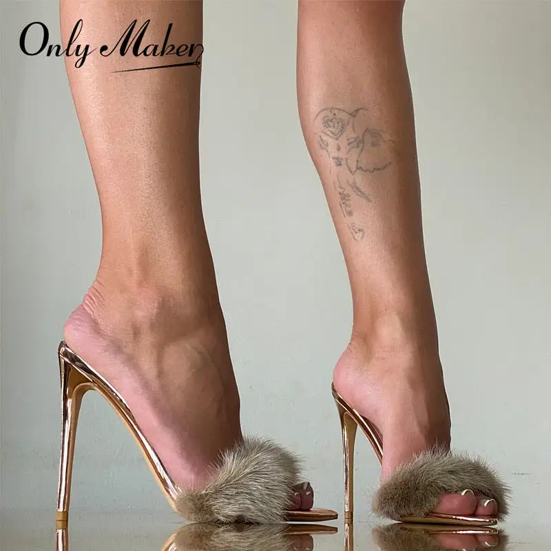 Peep Toe Mules Artificial Fur Slip On Gold White Thin High Sandals Big Size High Quality Summer Women Brand Sandals