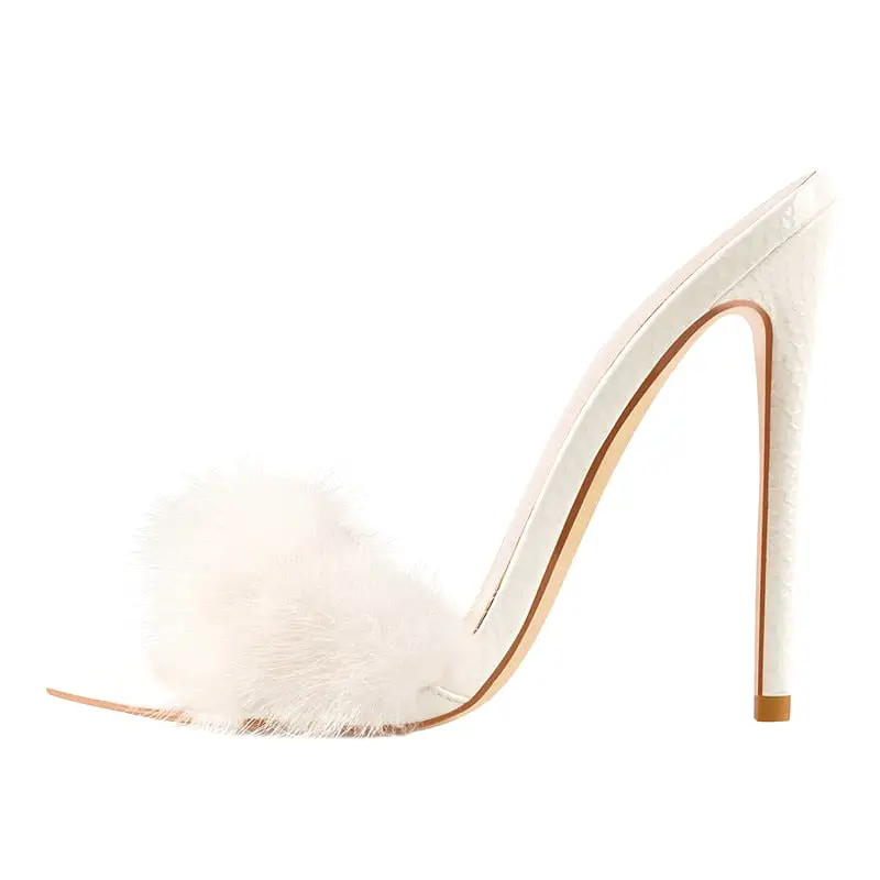 Peep Toe Mules Artificial Fur Slip On Gold White Thin High Sandals Big Size High Quality Summer Women Brand Sandals