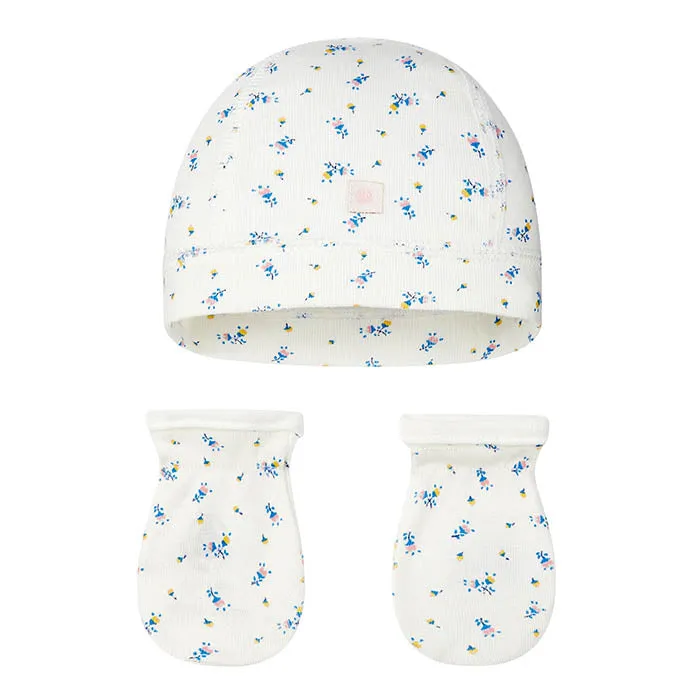 Petit Bateau Baby Taden Hat And Mittens Set White With Blue Floral Print