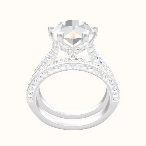 Petite Cathedral Three Row Engagement Ring With Pave Petal Six Prong Head and Matching Band