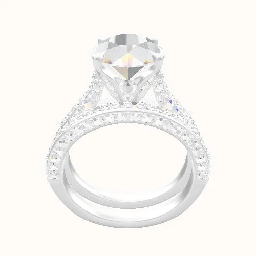 Petite Cathedral Three Row Engagement Ring With Pave Tulip Prongs w. Surprise Diamond Head and Matching Band