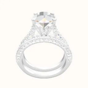 Petite Cathedral Three Row Engagement Ring With Pave Tulip Prongs w. Surprise Diamond Head and Matching Band