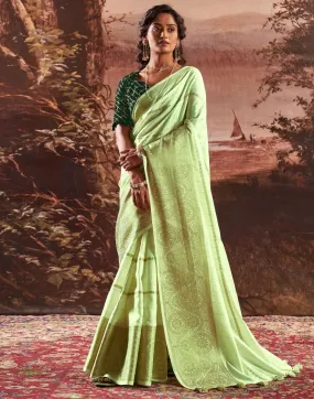 Pista Green Silk Plain Sarees