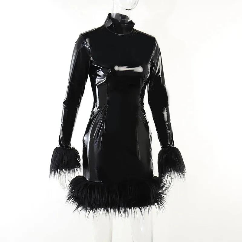 PU Leather Feathers Mini Bodycon Dress