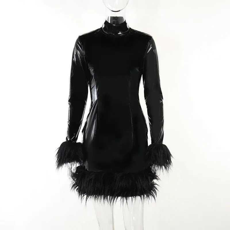 PU Leather Feathers Mini Bodycon Dress