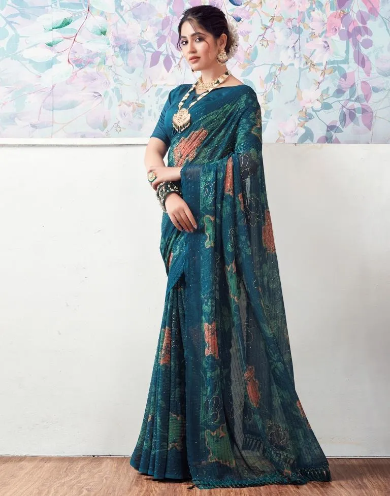 Rama Blue Georgette Printed Sarees