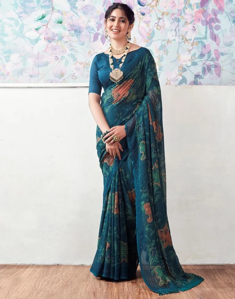 Rama Blue Georgette Printed Sarees