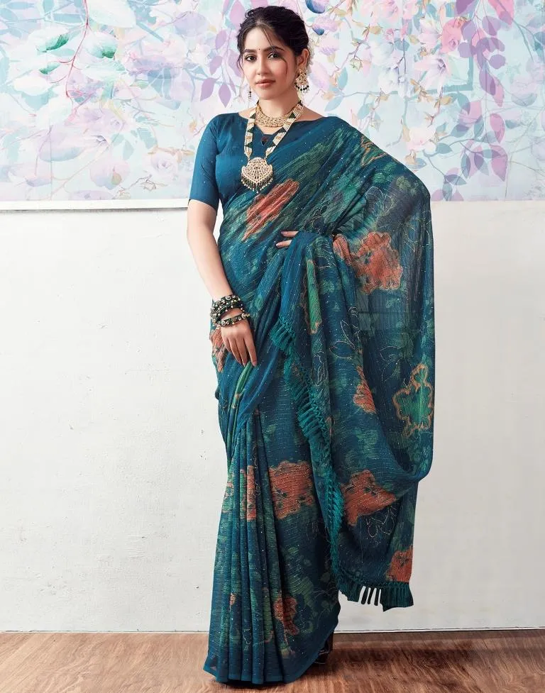 Rama Blue Georgette Printed Sarees