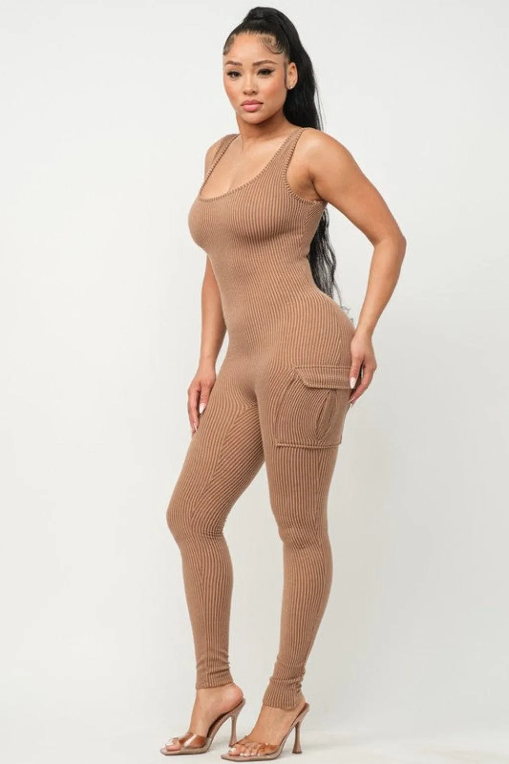 Rib Strap Season Jumpsuit-mocha