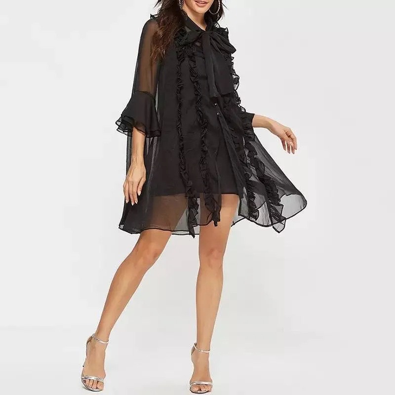 Ruffle Bow Neck Flared Sleeve Mini Dress