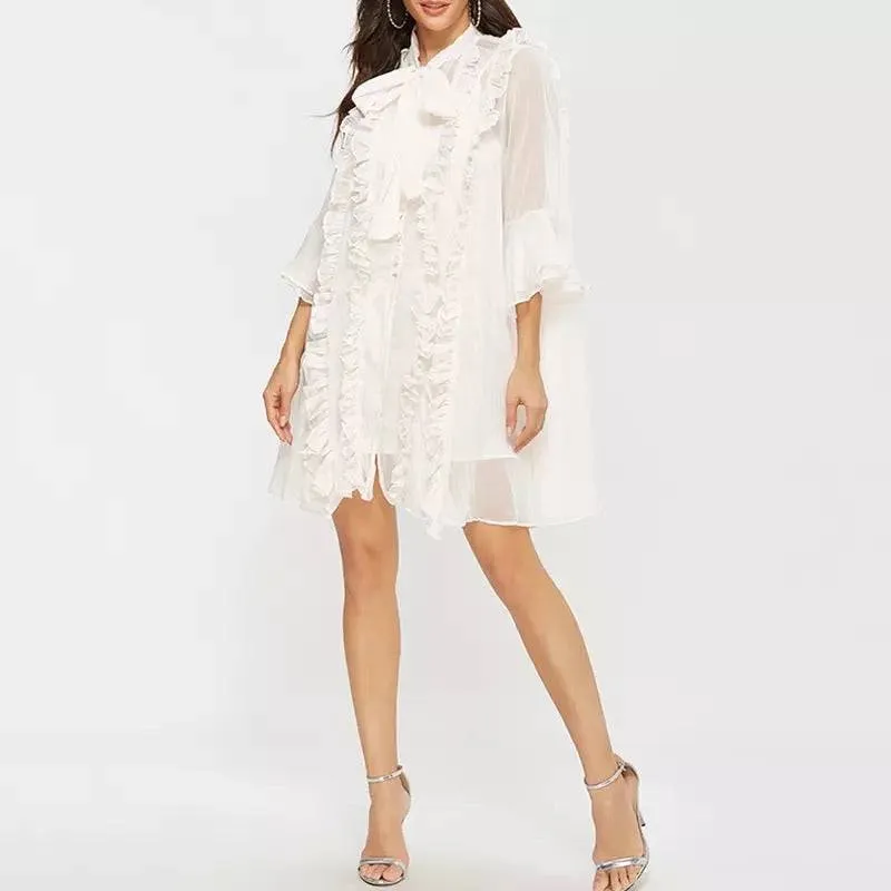 Ruffle Bow Neck Flared Sleeve Mini Dress