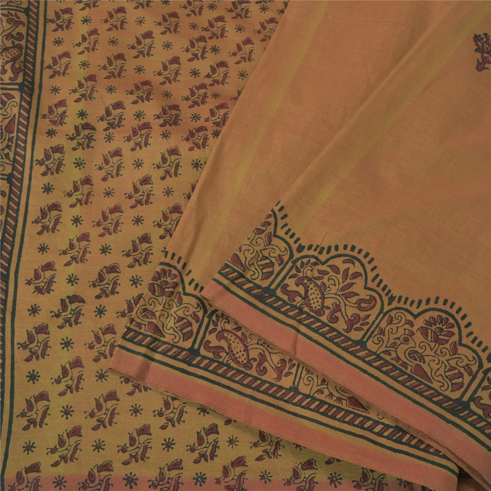 Sanskriti Vintage Brown Indian Sarees Blend Silk Block Printed Sari 5 YD Fabric