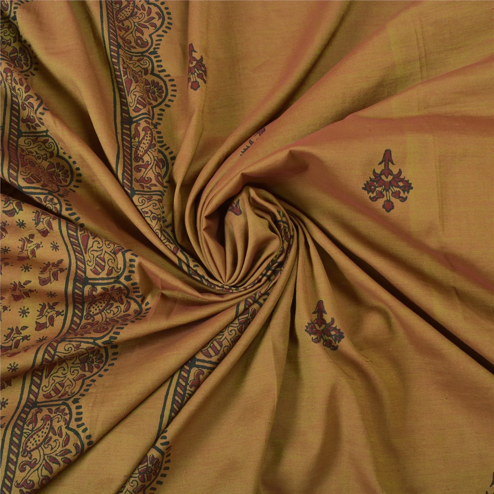 Sanskriti Vintage Brown Indian Sarees Blend Silk Block Printed Sari 5 YD Fabric