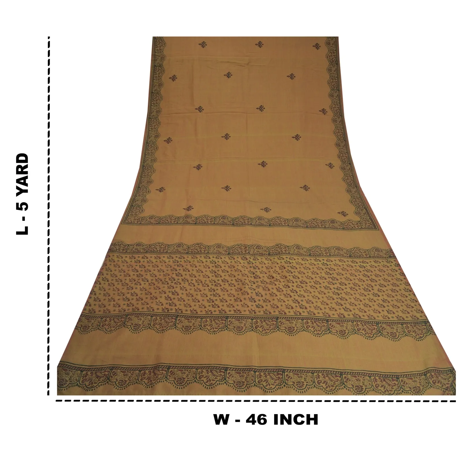 Sanskriti Vintage Brown Indian Sarees Blend Silk Block Printed Sari 5 YD Fabric