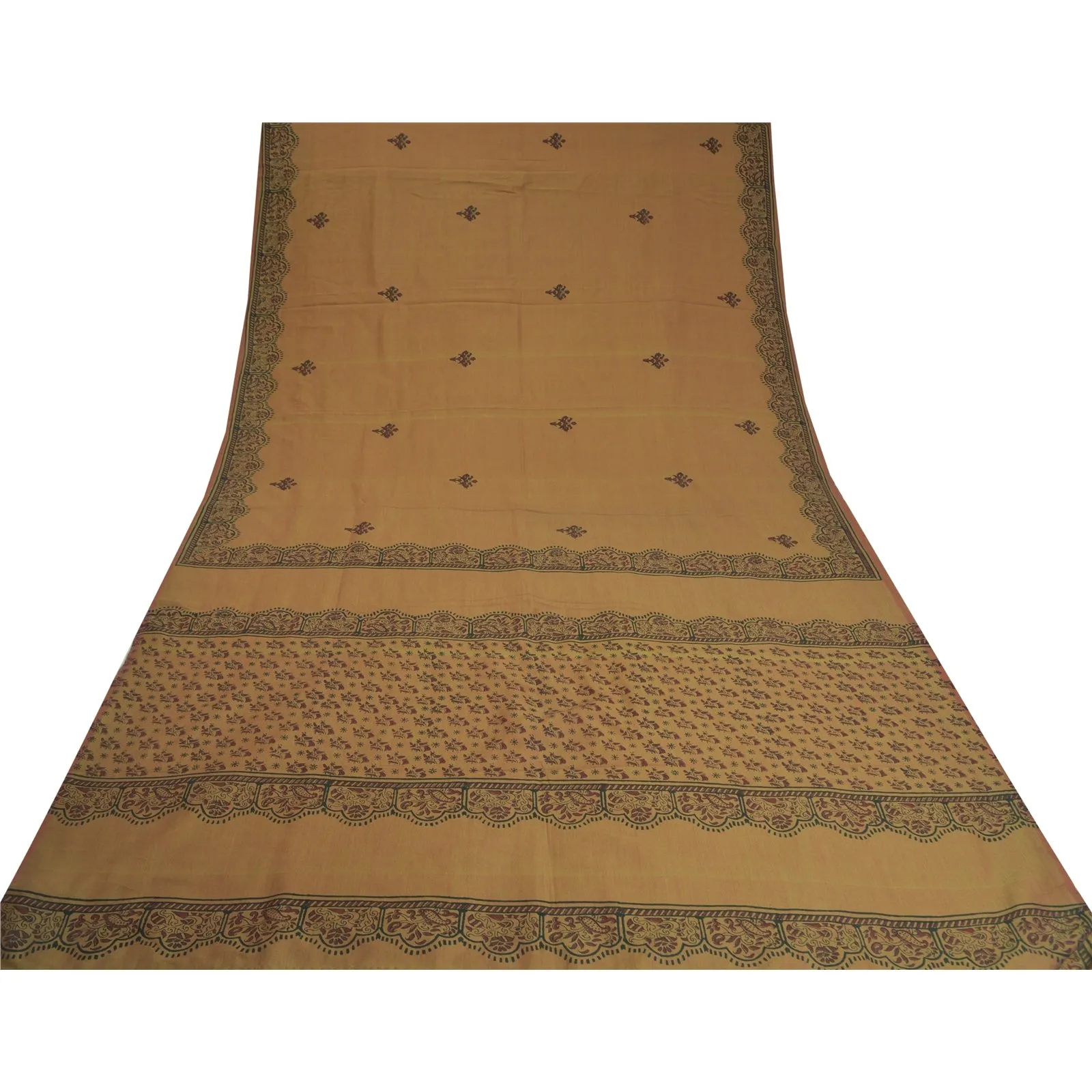 Sanskriti Vintage Brown Indian Sarees Blend Silk Block Printed Sari 5 YD Fabric