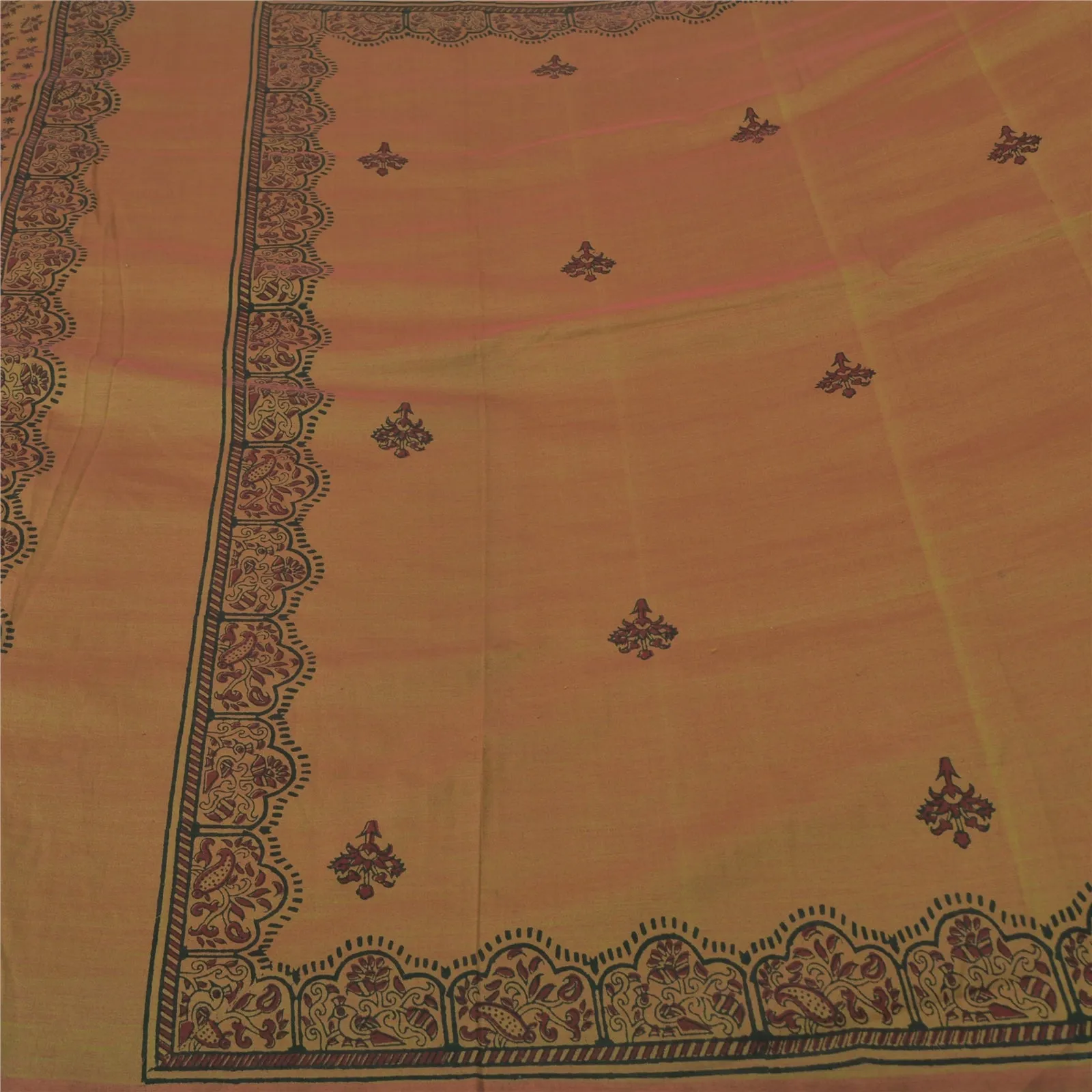 Sanskriti Vintage Brown Indian Sarees Blend Silk Block Printed Sari 5 YD Fabric