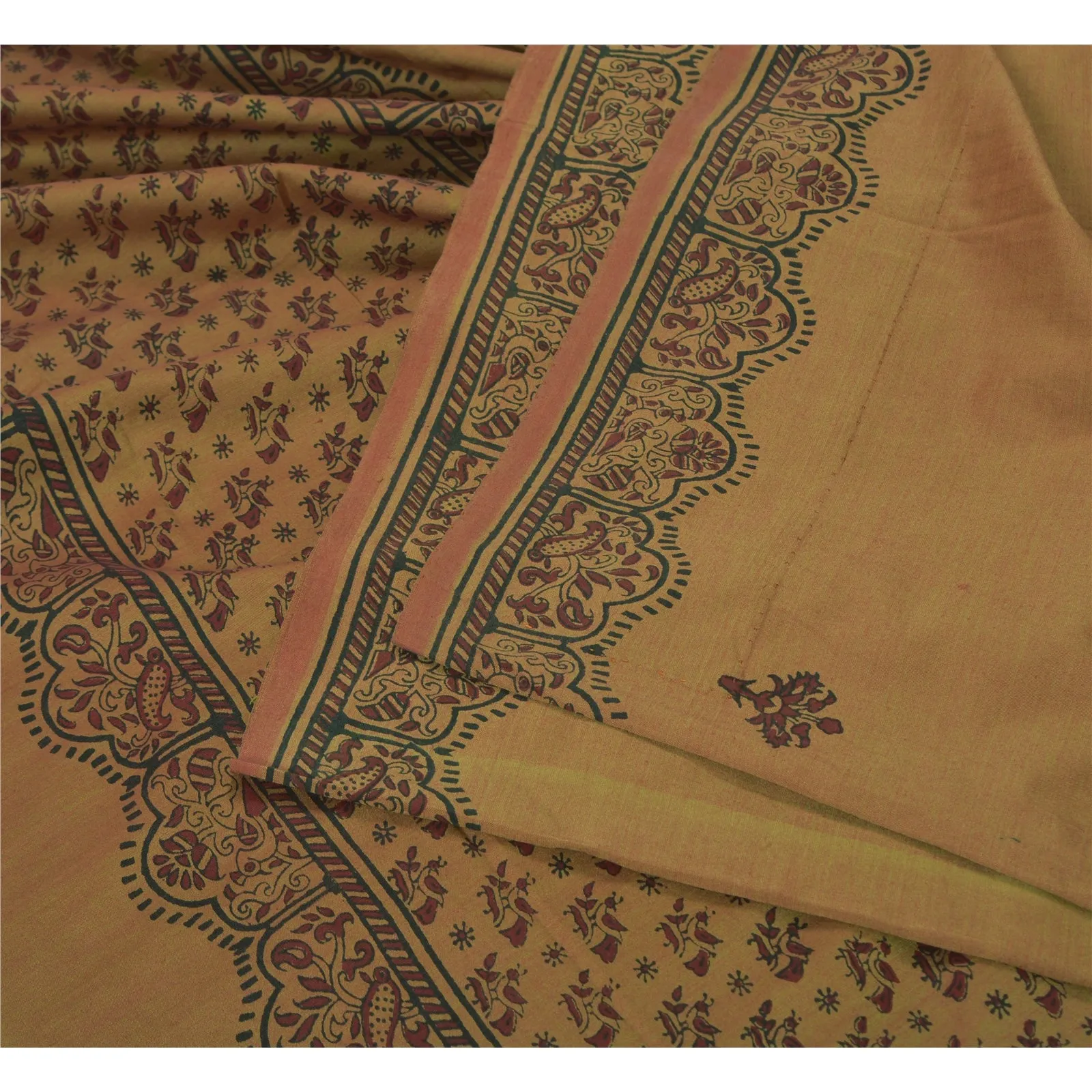 Sanskriti Vintage Brown Indian Sarees Blend Silk Block Printed Sari 5 YD Fabric