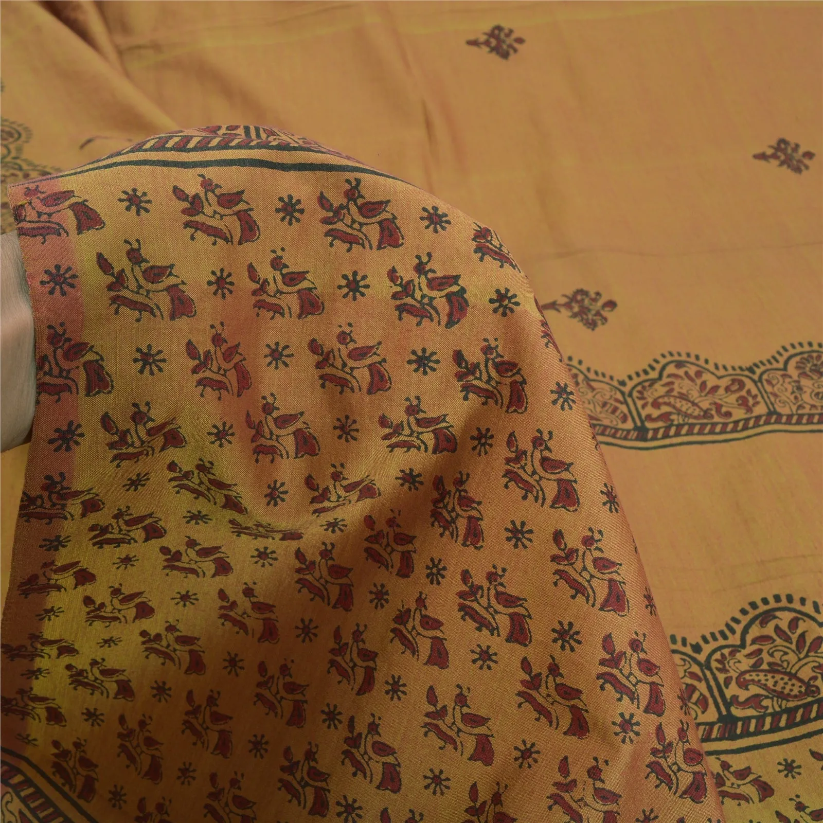 Sanskriti Vintage Brown Indian Sarees Blend Silk Block Printed Sari 5 YD Fabric