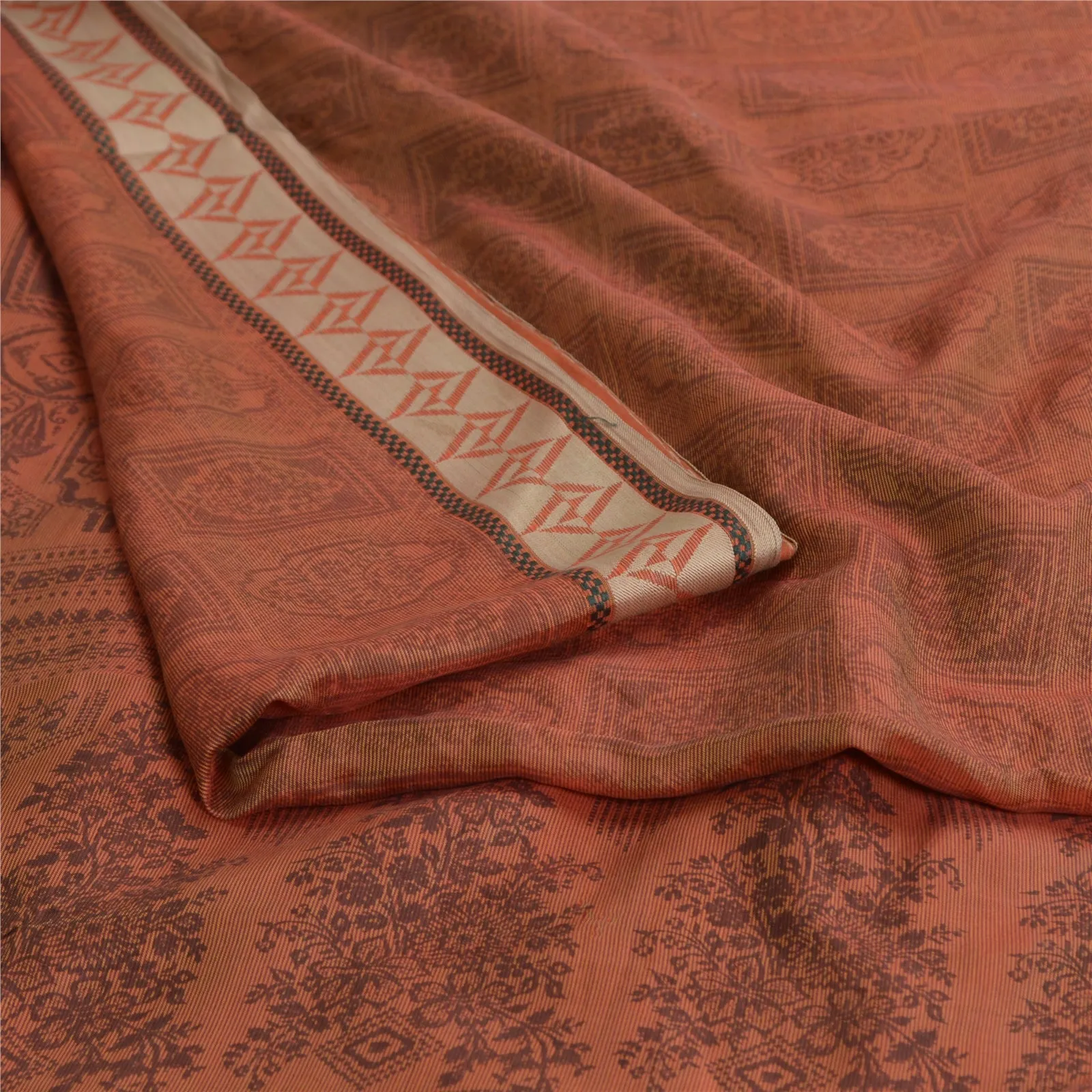 Sanskriti Vintage Brown Sarees 100% Pure Silk Printed Sari Craft 5 Yard Fabric