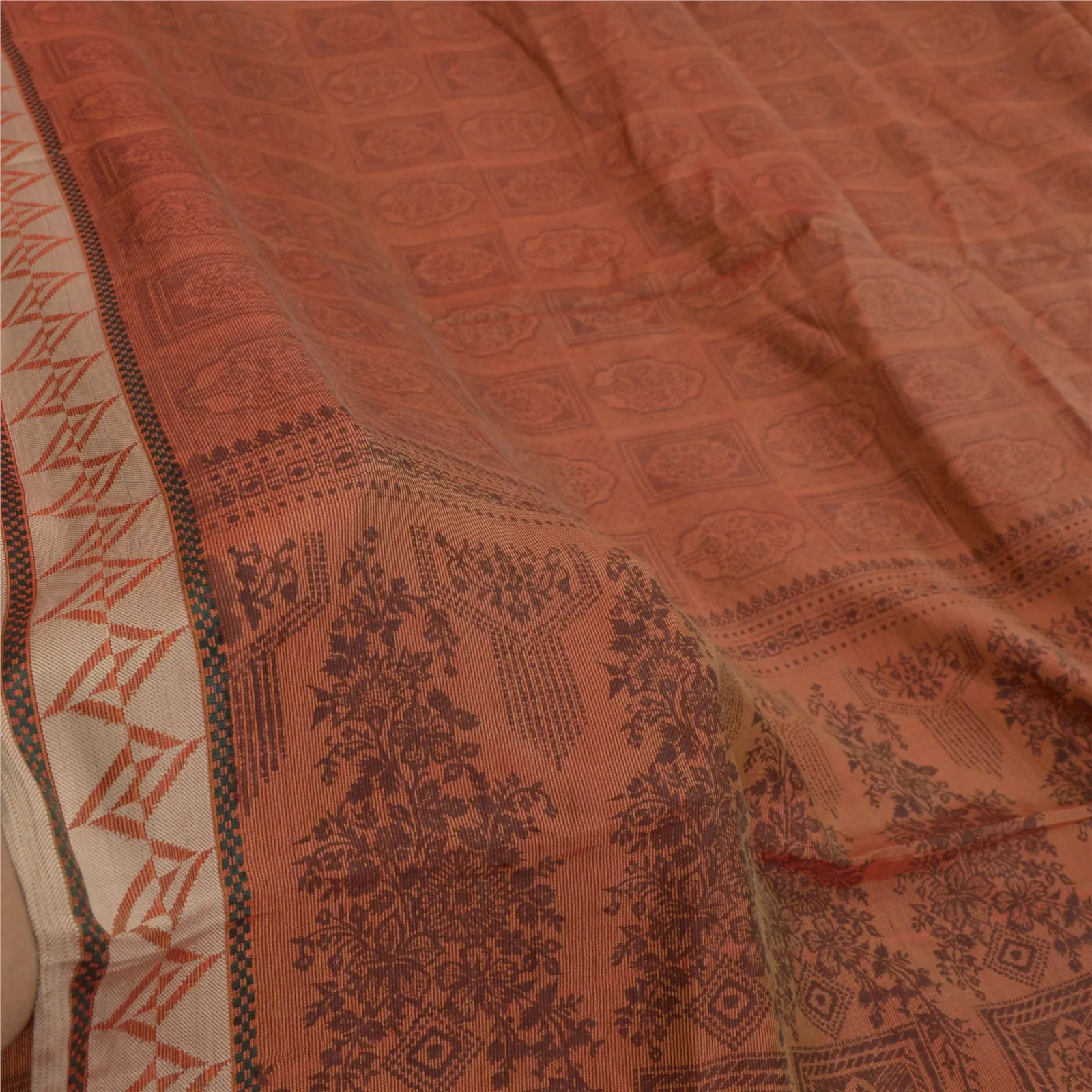 Sanskriti Vintage Brown Sarees 100% Pure Silk Printed Sari Craft 5 Yard Fabric