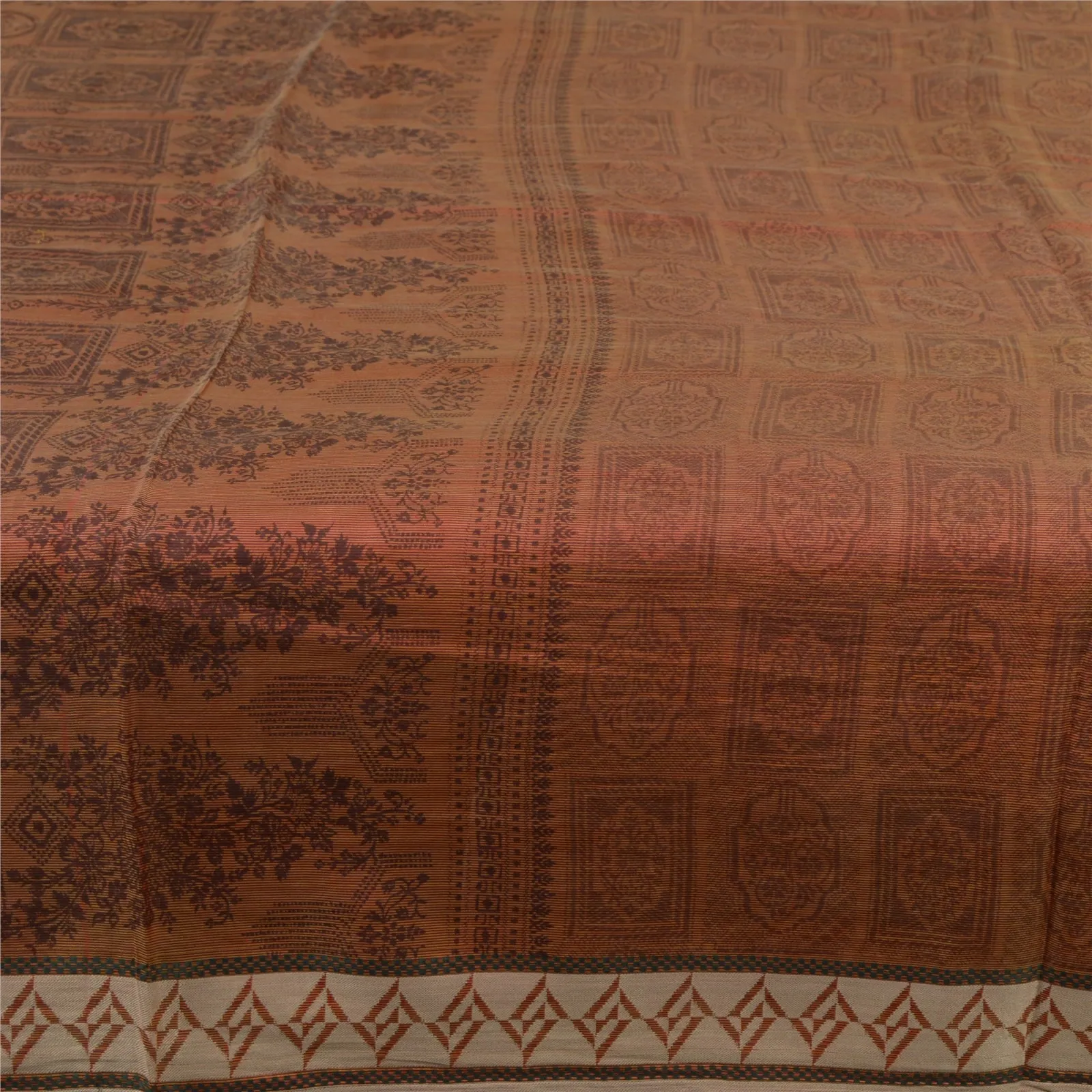 Sanskriti Vintage Brown Sarees 100% Pure Silk Printed Sari Craft 5 Yard Fabric