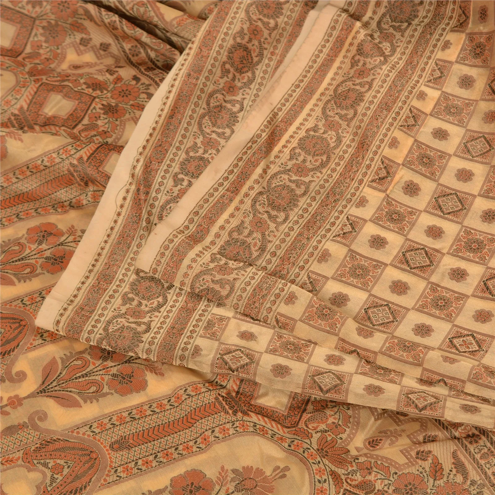 Sanskriti Vintage Cream Indian Sarees Blend Silk Woven Premium Sari 5 YD Fabric