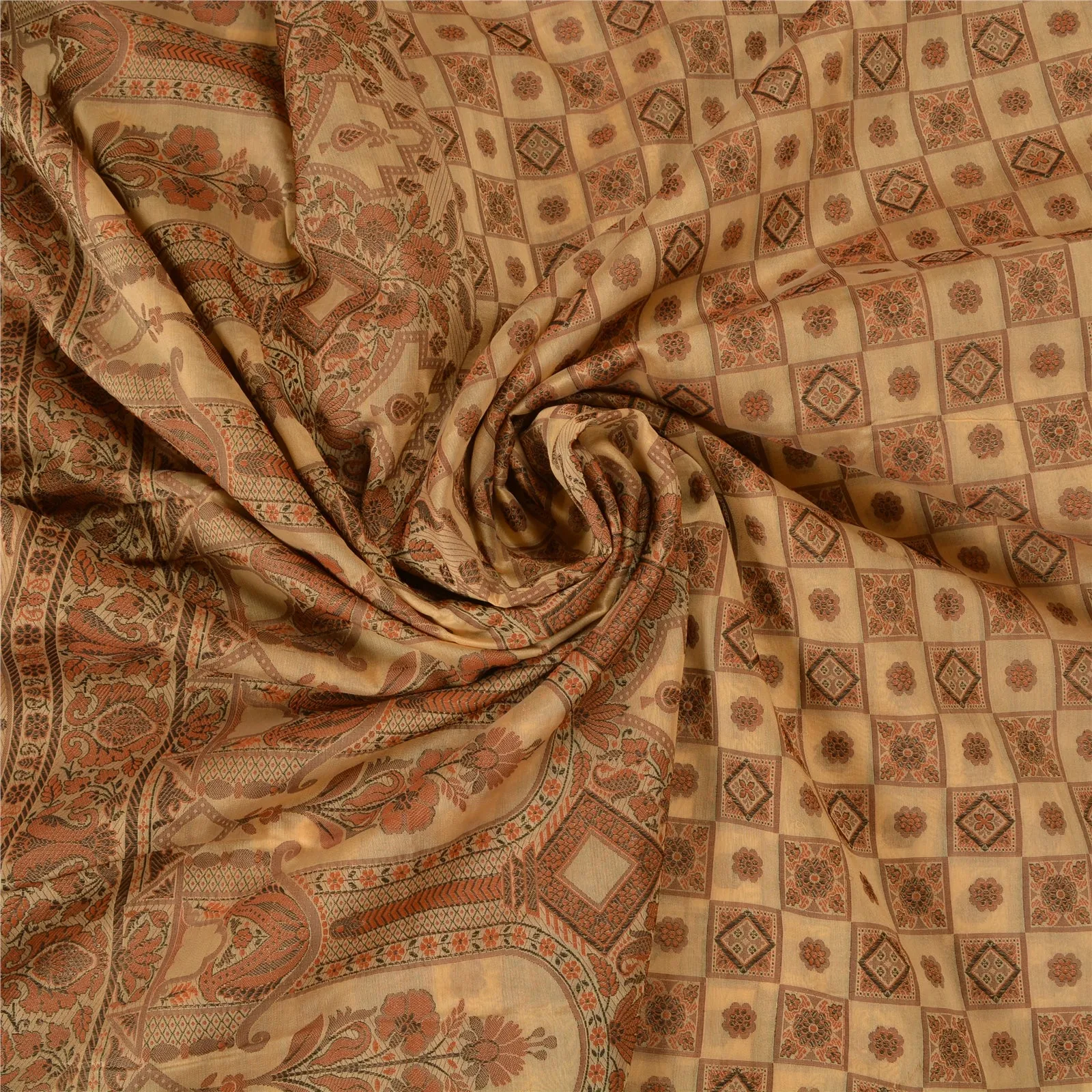 Sanskriti Vintage Cream Indian Sarees Blend Silk Woven Premium Sari 5 YD Fabric