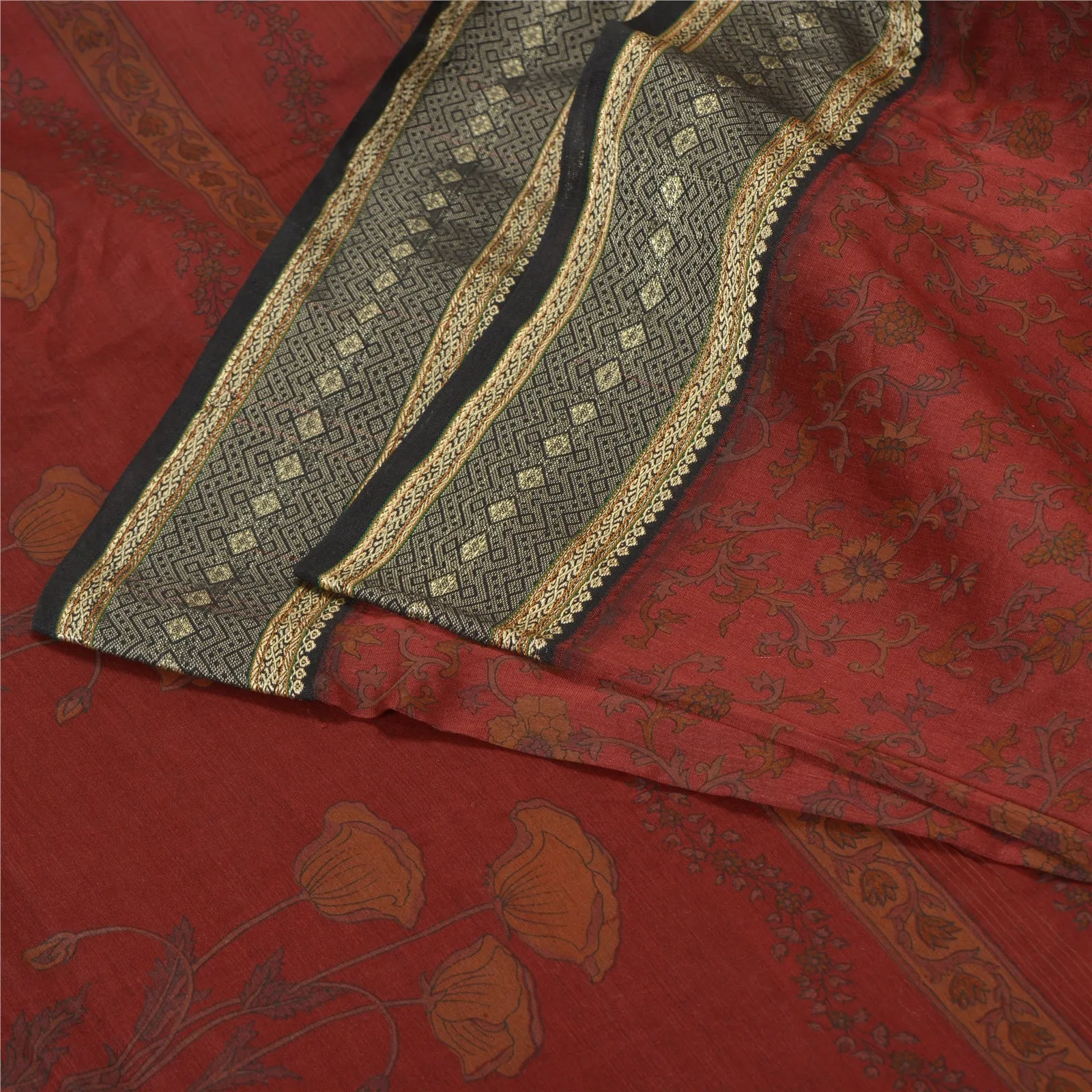 Sanskriti Vintage Dark Red Sarees Pure Cotton Block Printed Premium Sari Fabric