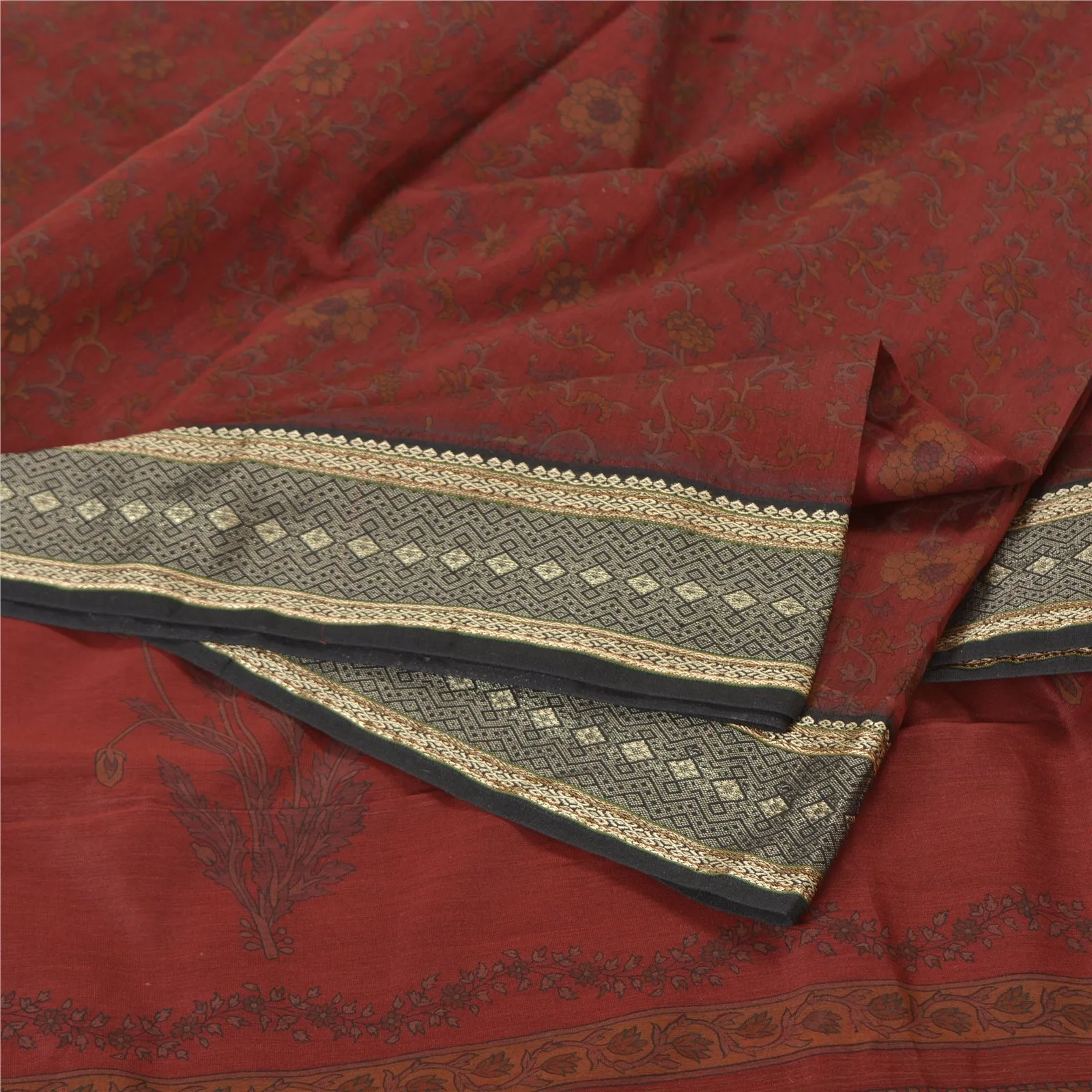 Sanskriti Vintage Dark Red Sarees Pure Cotton Block Printed Premium Sari Fabric