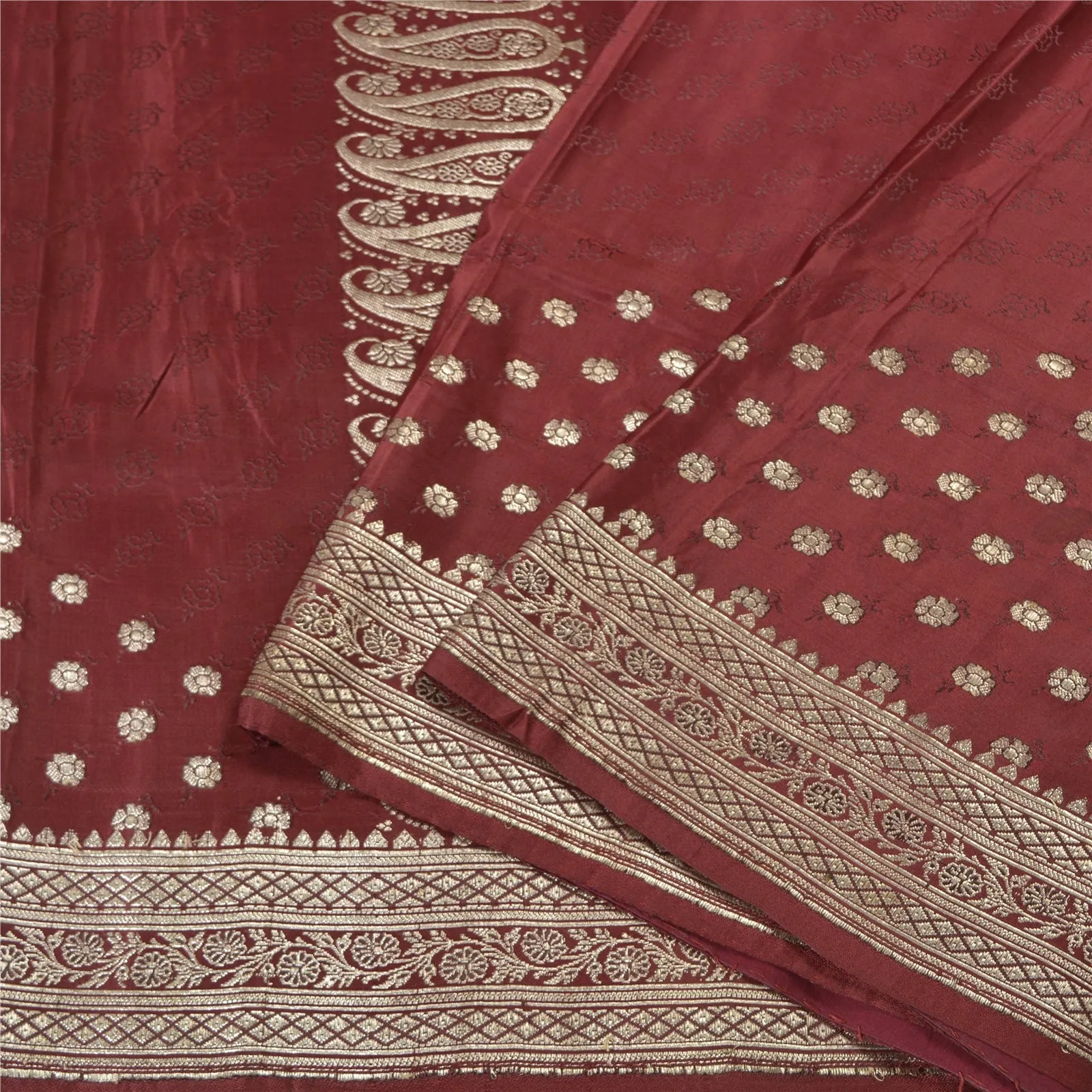 Sanskriti Vintage Dark Red Sarees Pure Silk Woven Brocade/Banarasi Sari Fabric