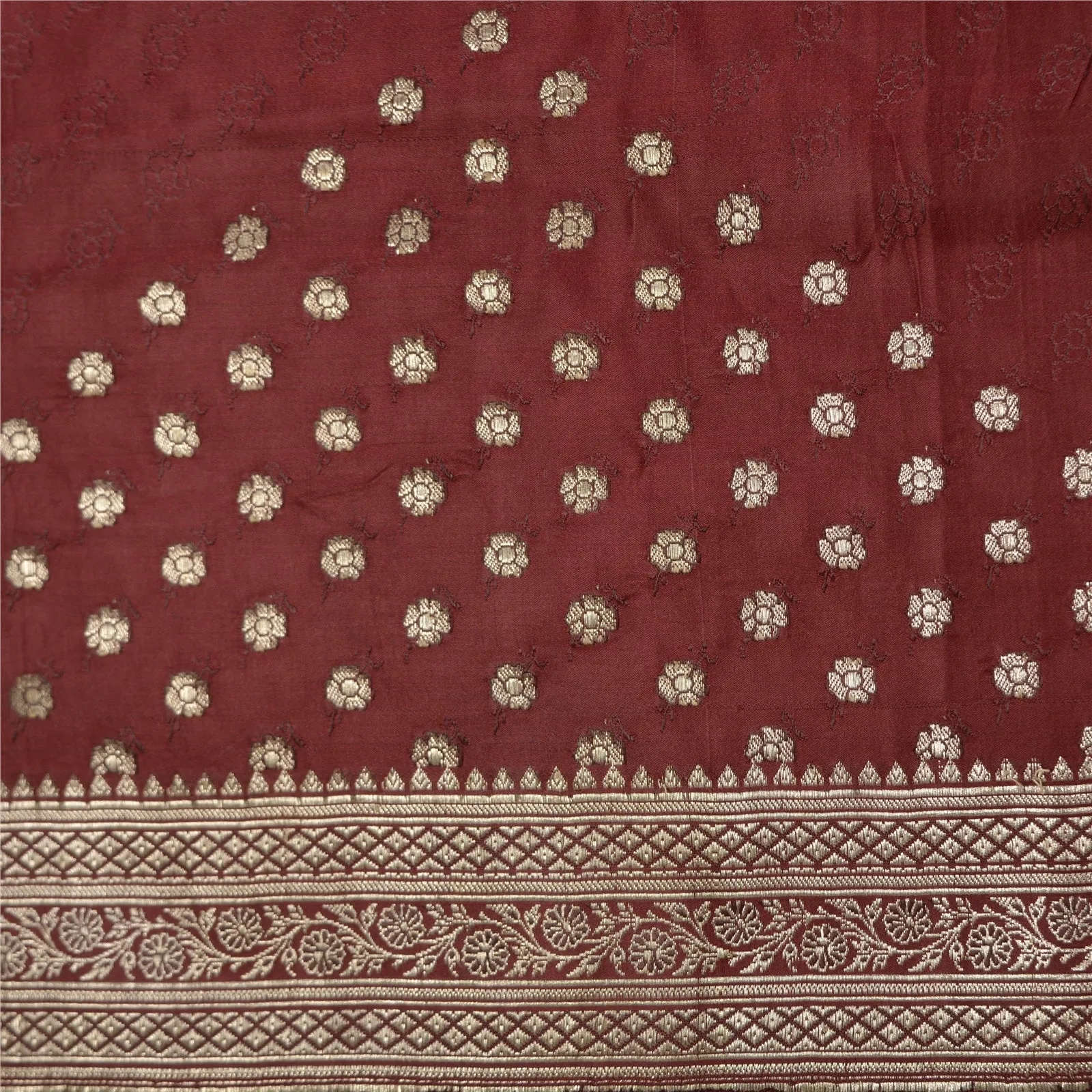 Sanskriti Vintage Dark Red Sarees Pure Silk Woven Brocade/Banarasi Sari Fabric