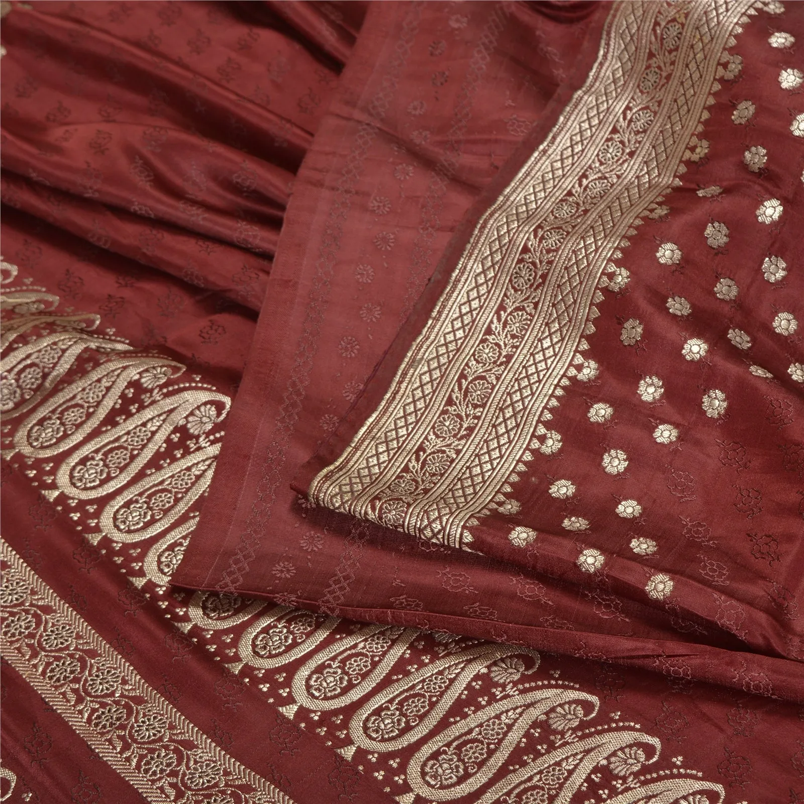 Sanskriti Vintage Dark Red Sarees Pure Silk Woven Brocade/Banarasi Sari Fabric