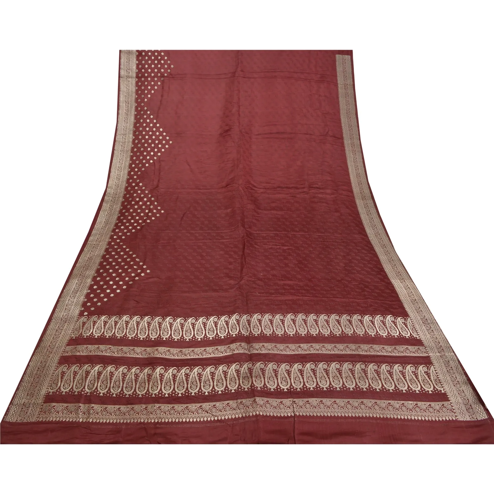 Sanskriti Vintage Dark Red Sarees Pure Silk Woven Brocade/Banarasi Sari Fabric