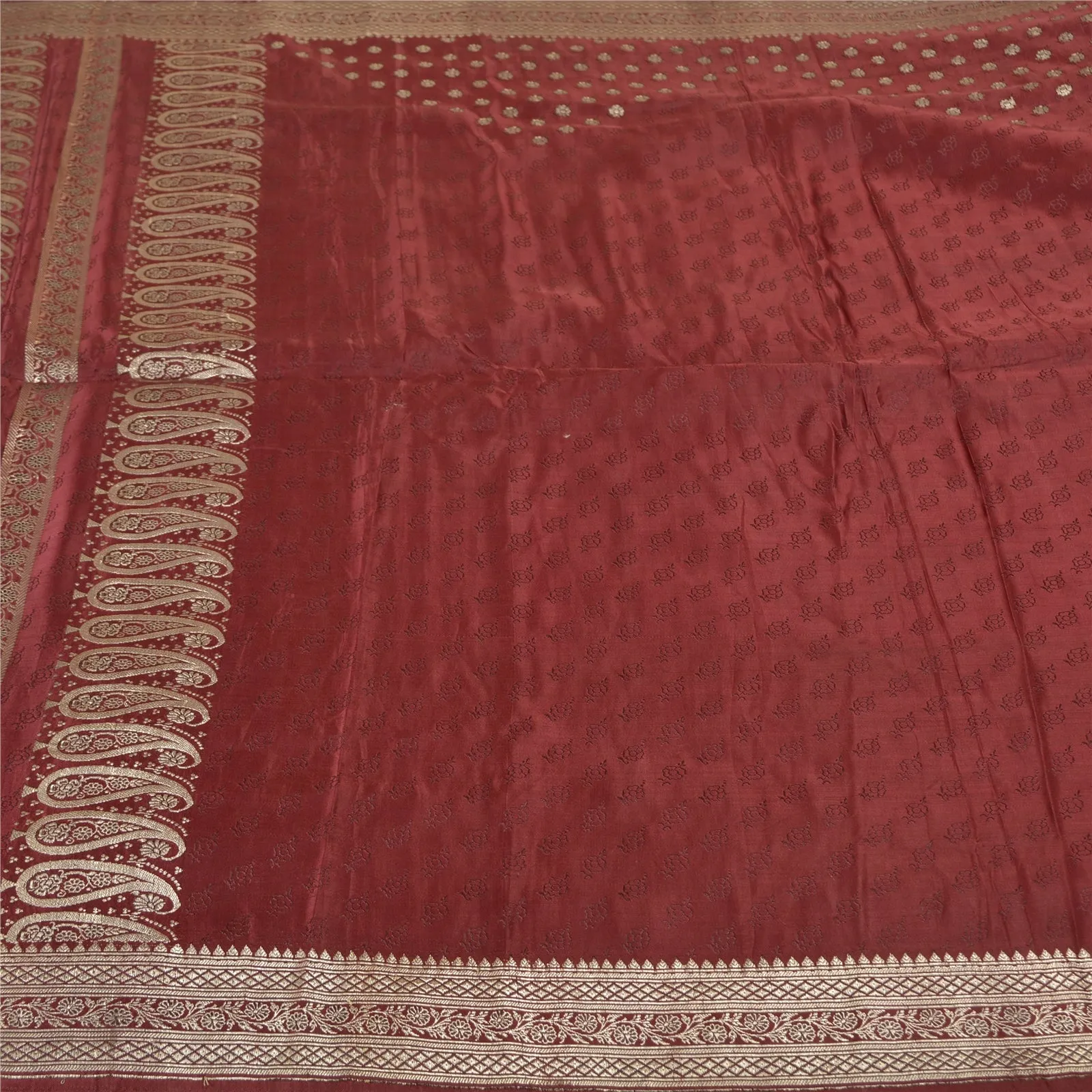 Sanskriti Vintage Dark Red Sarees Pure Silk Woven Brocade/Banarasi Sari Fabric