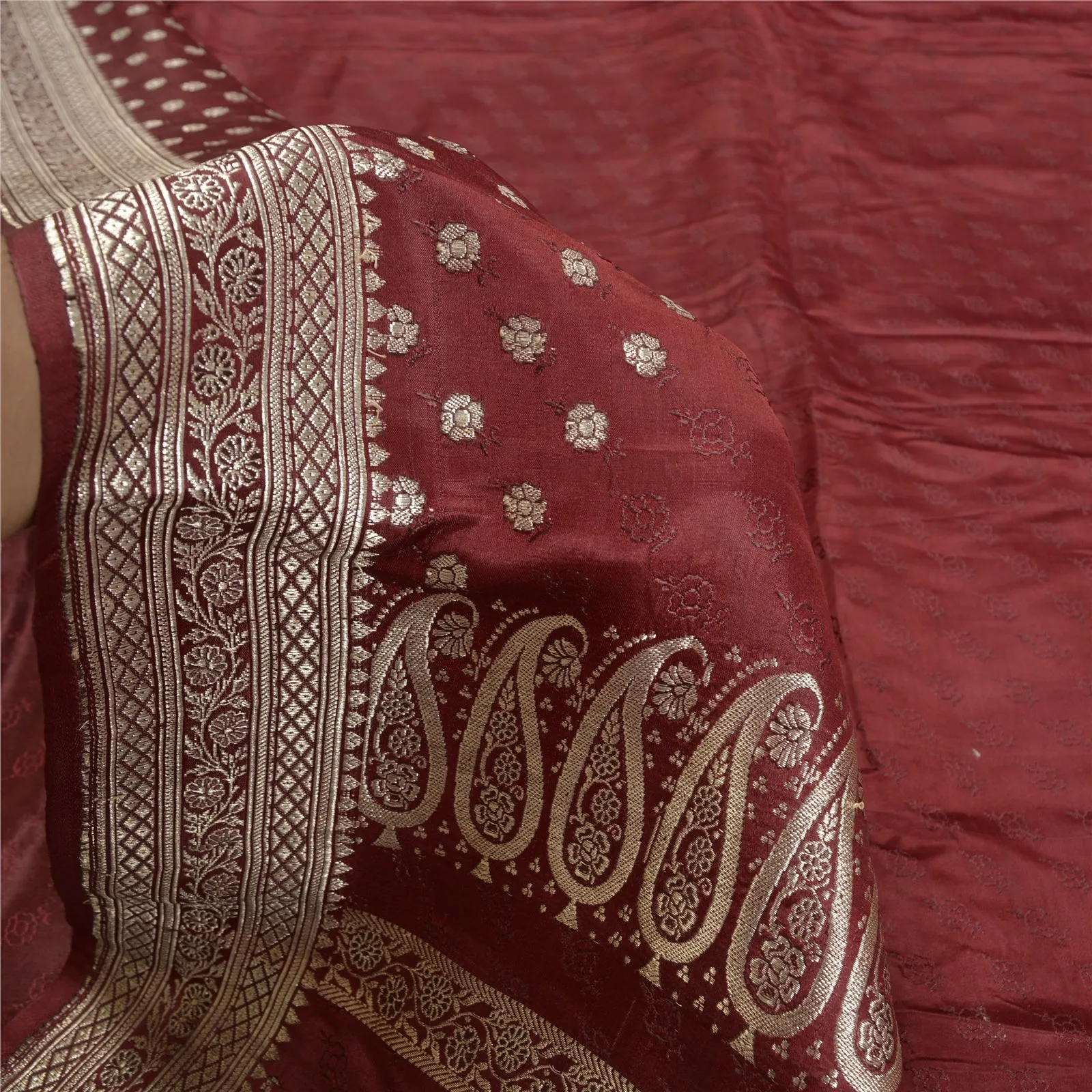 Sanskriti Vintage Dark Red Sarees Pure Silk Woven Brocade/Banarasi Sari Fabric