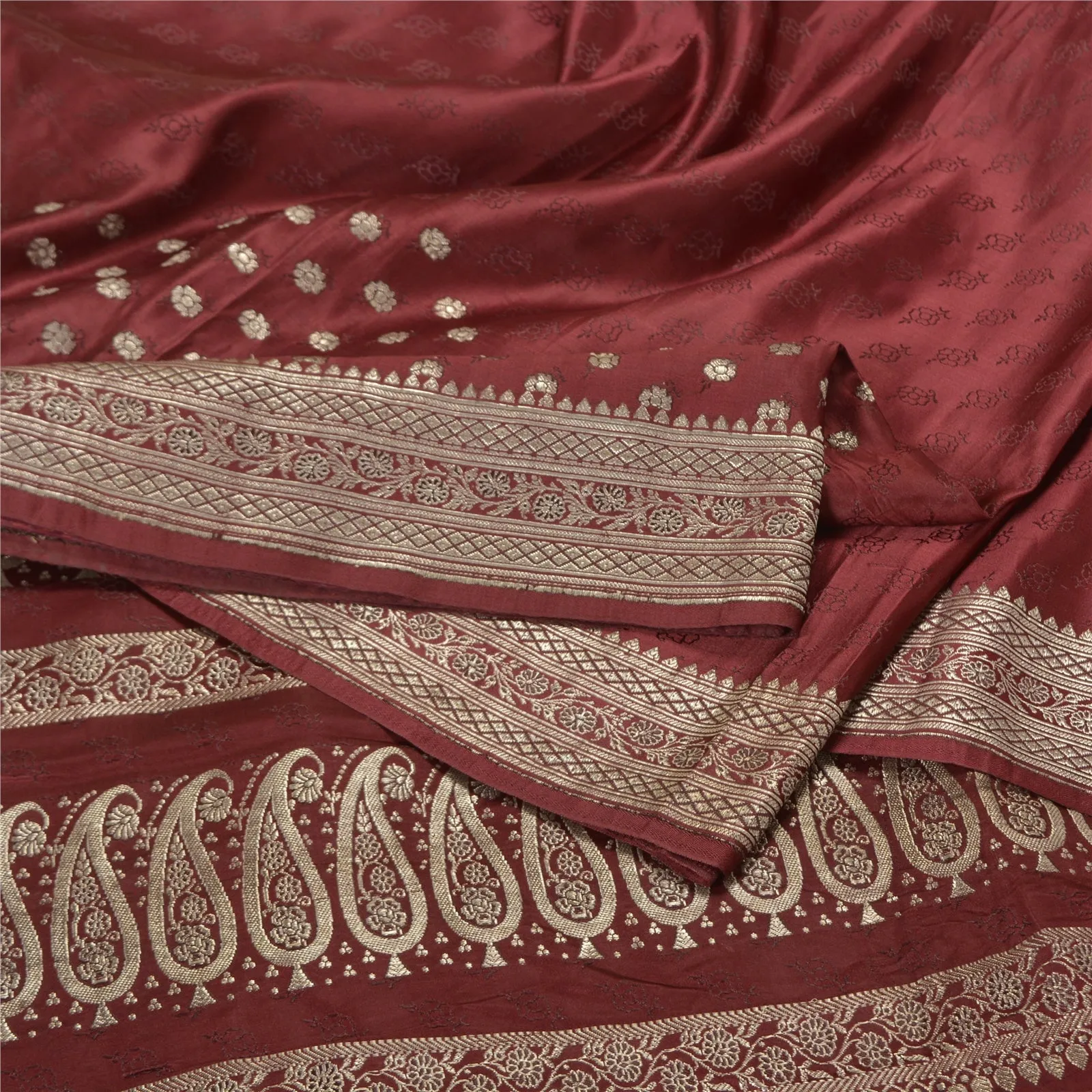 Sanskriti Vintage Dark Red Sarees Pure Silk Woven Brocade/Banarasi Sari Fabric