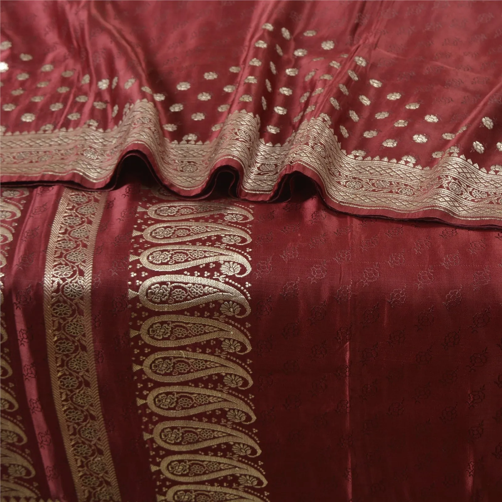 Sanskriti Vintage Dark Red Sarees Pure Silk Woven Brocade/Banarasi Sari Fabric