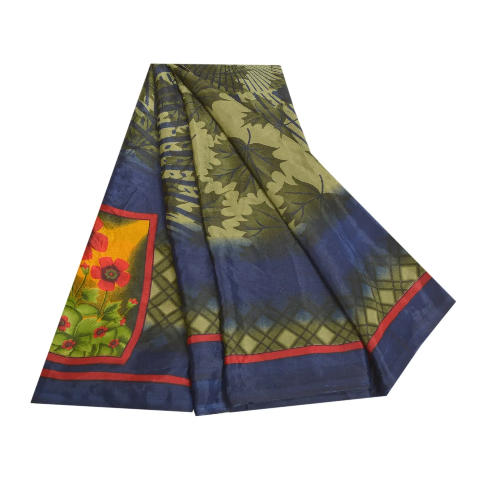 Sanskriti Vintage Green Indian Sarees Moss Crepe Printed Sari Soft Craft Fabric