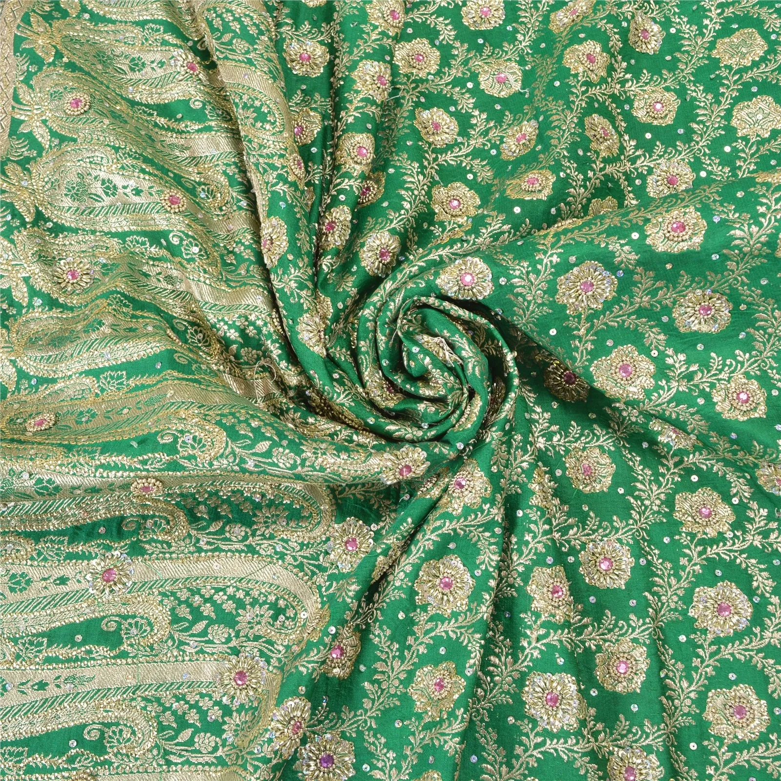 Sanskriti Vintage Green/Red Sarees Pure Satin Beads Brocade/Banarasi Sari Fabric