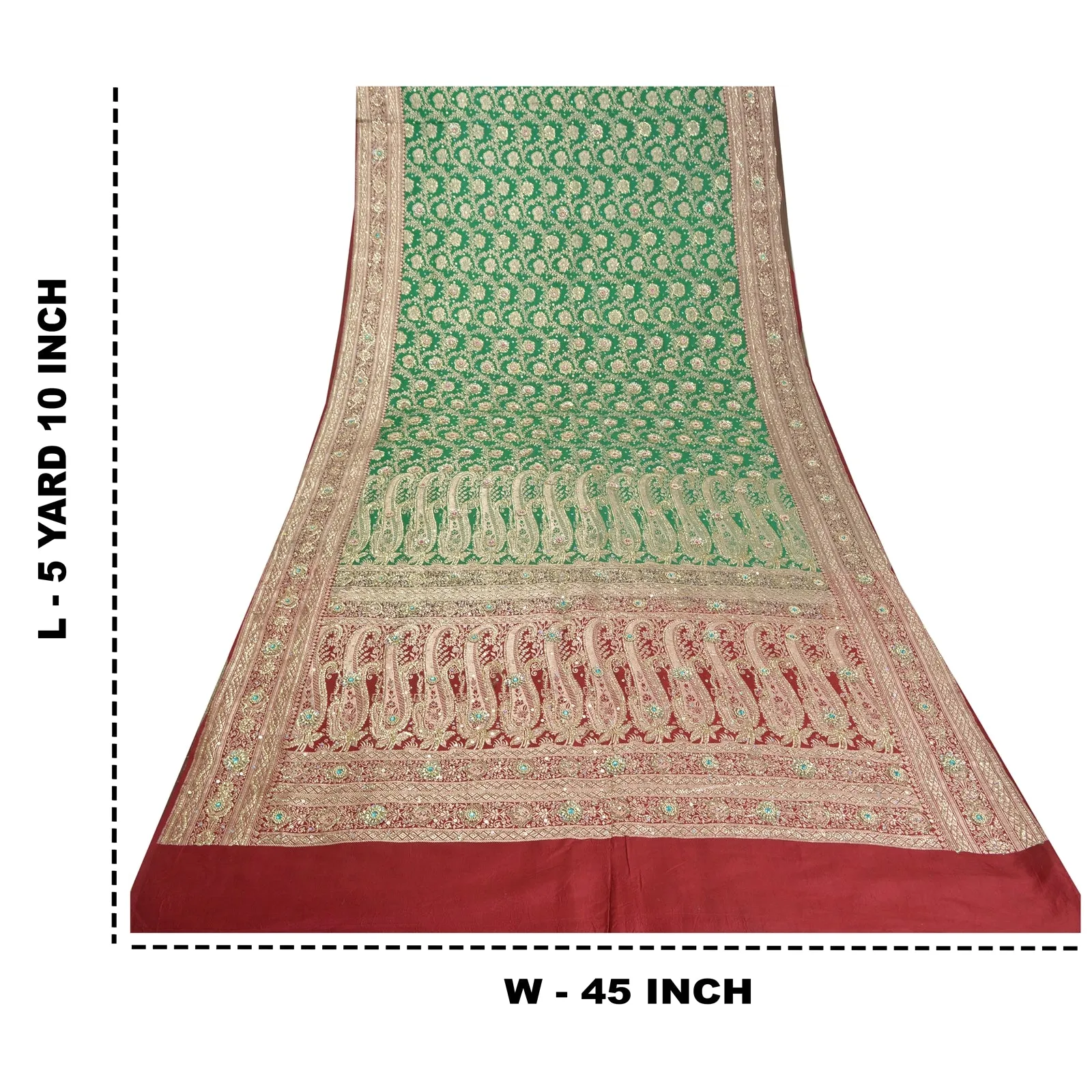 Sanskriti Vintage Green/Red Sarees Pure Satin Beads Brocade/Banarasi Sari Fabric