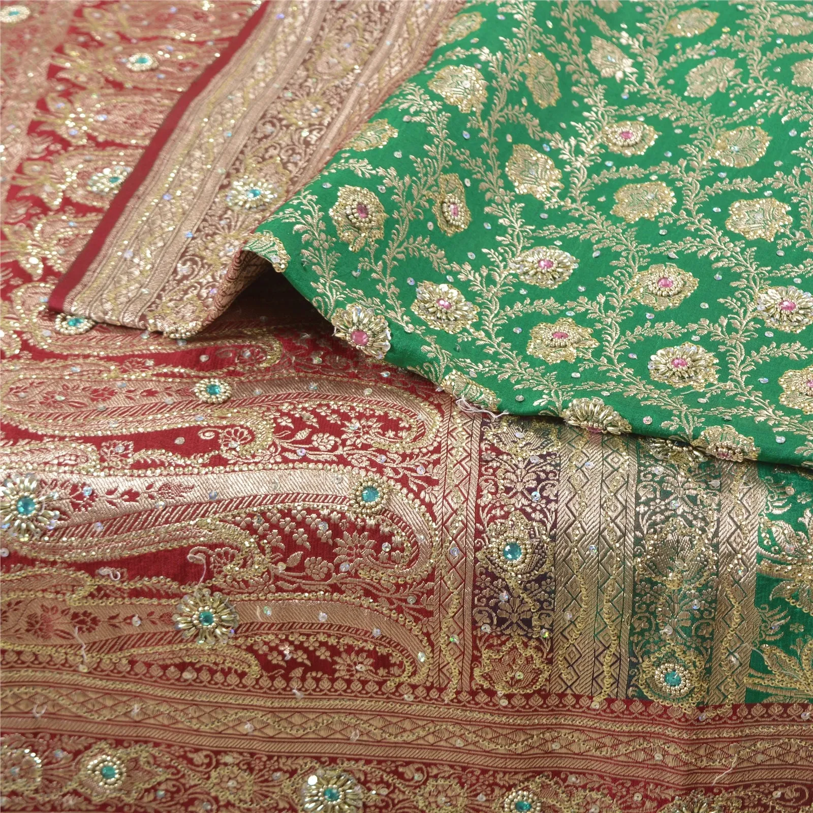 Sanskriti Vintage Green/Red Sarees Pure Satin Beads Brocade/Banarasi Sari Fabric