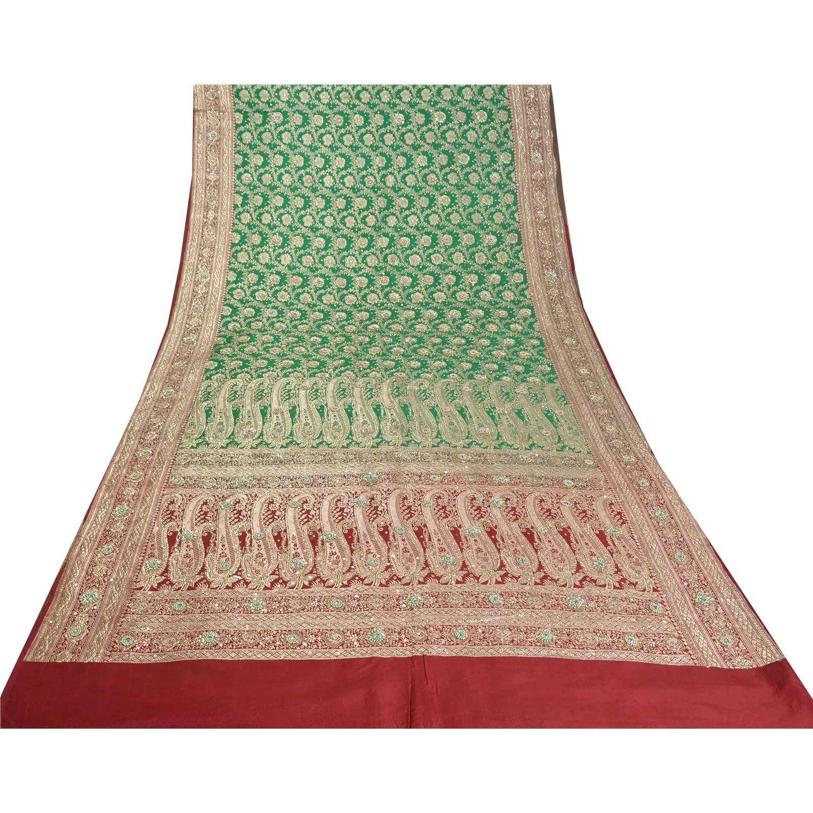 Sanskriti Vintage Green/Red Sarees Pure Satin Beads Brocade/Banarasi Sari Fabric